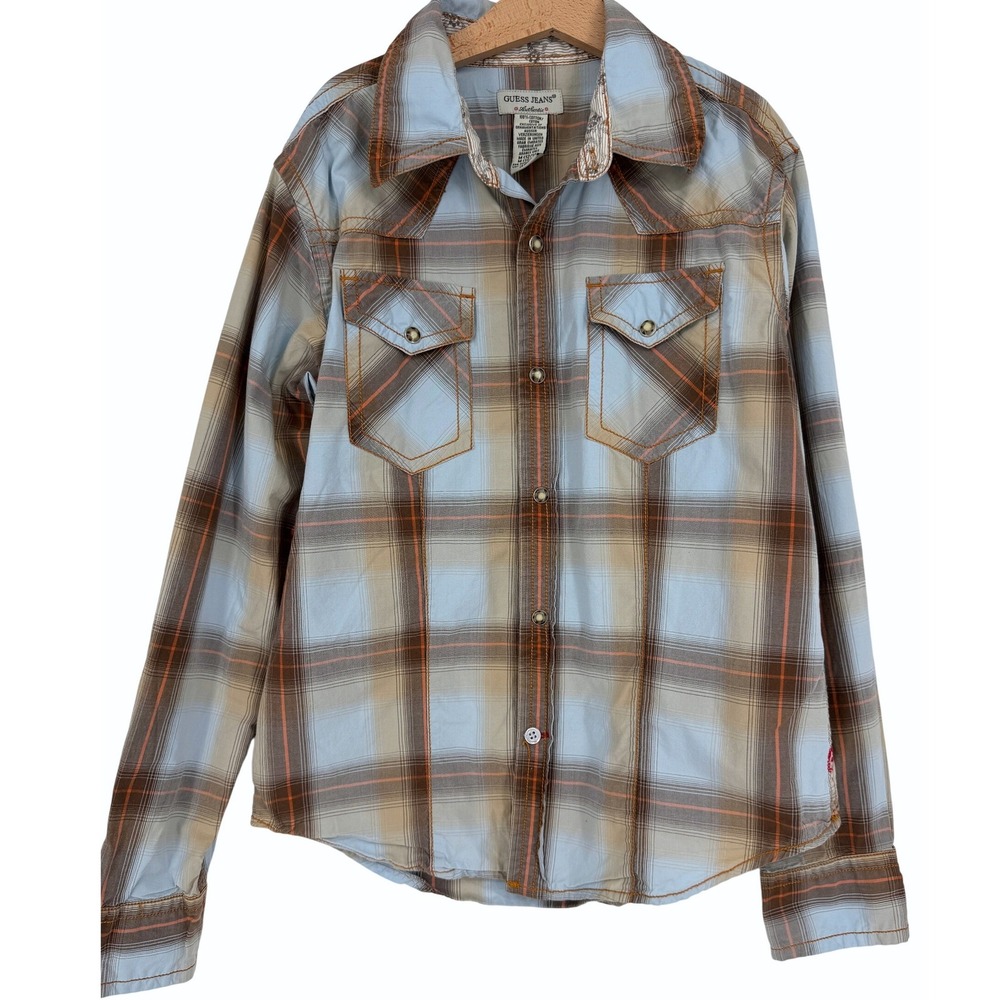 Guess Jeans Vintage Boys Plaid Western Pearl Snap Shirt Sz M 12/14 Cotton